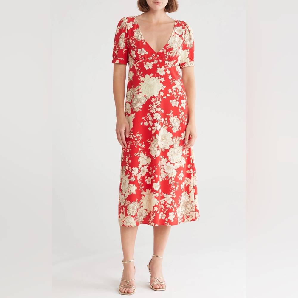 Socialite Puff Sleeves Floral Red and Cream Midi Dress
